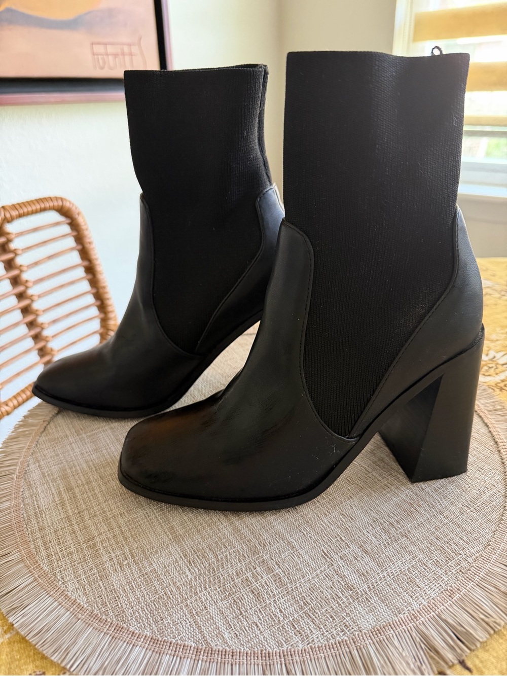 Express Black Stretch Knit Block Heel Ankle Boots
